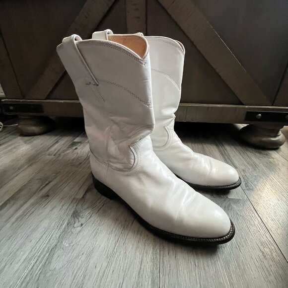 JUSTIN - WHITE LEATHER ROPPER BOOTS 7C MADE IN USA WESTERN - Picture 1 of 10
